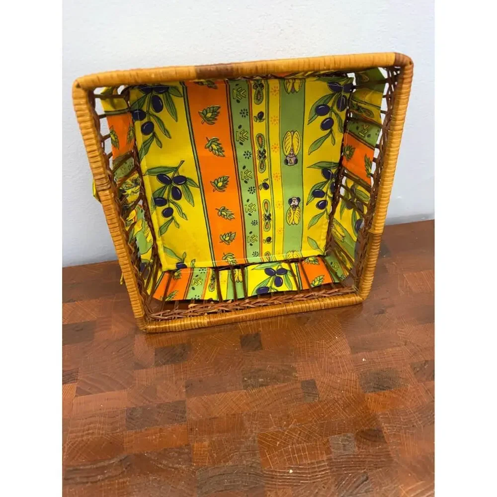 Vintage Woven Wicker Basket Lined with Colorful Fabric with Olive Motif